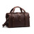 This is a red brown overnight leather duffle bag with a gladstone closure from the front view.