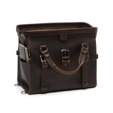 This is the dark brown leather duffle bag gladstone closure wide open.