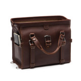 This is the red brown leather duffle bag gladstone closure wide open.