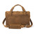This is the back of a tan brown leather duffle bag with a gladstone bag closure.