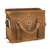 This is the tan brown leather duffle bag gladstone closure wide open.