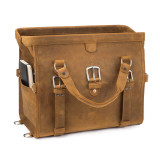 This is the tan brown leather duffle bag gladstone closure wide open.