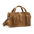 This is a tan brown overnight leather duffle bag with a gladstone closure from the front view.