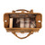 This is the top view of a tan brown leather duffle bag wide open and full overnight clothes.