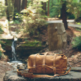 This is a tan brown leather duffle bag with three straps on front to hold overnight travel gear in front of a big stump.