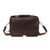 This is a dark brown leather duffle bag with three straps on the front but not showing. This overnight bag has no straps on the back.