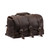 This is a dark brown leather duffle bag with three straps on the front.