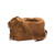 This is a tan brown leather duffle bag with no straps on back to hold overnight travel gear.