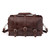 This is a red brown leather duffle bag with three straps on the front and folded over on top. It is filled with overnight travel gear and the duffle is looking straight into the camera.