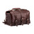 This is a red brown leather duffle bag with three straps on the front and folded over on top. It is filled with overnight travel gear.