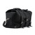 This is the side of a black leather duffle bag that has three straps and is folded over the top to hold in the overnight travel gear.