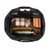 This is the interior of a black leather duffle bag that is wide open and the overnight travel gear can be seen inside.