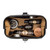 This is a black leather toiletry bag on the opened and loaded.