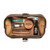 This is a dark brown leather toiletry bag on the opened and loaded.