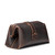 This is a dark brown leather toiletry bag on the back side.