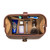 This is a red brown leather toiletry bag on the opened and loaded.