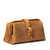 This is a tan brown leather toiletry bag on the front side.
