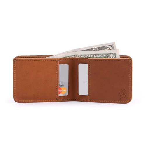 This is the inside of a small narrow tan brown leather bifold wallet.