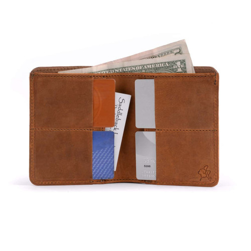 This is the inside of a tan brown large bifold leather wallet.