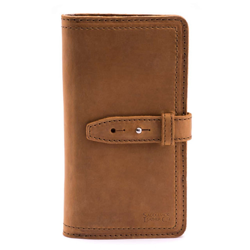 This is the front of a tan brown really large leather wallet.