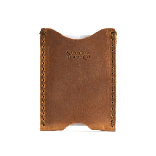 This is the front of a thin tan brown leather card sleeve wallet.