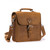 This is a tan brown leather satchel man bag from the side.