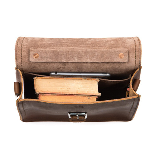 This is a tan brown leather satchel man bag from the inside.