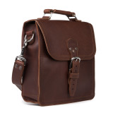 This is a red brown leather satchel man bag from the side.