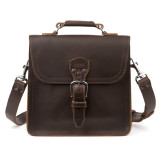 This is a dark brown leather satchel man bag from the front.