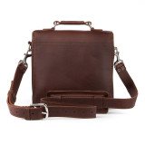 This is a red brown leather satchel man bag from the back.
