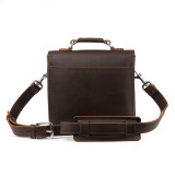 This is a dark brown leather satchel man bag from the back.