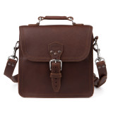 This is a red brown leather satchel man bag from the side front