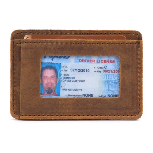 This is the front of a full tan brown leather wallet.