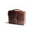 This is the front side of a red brown leather satchel with a front pocket angled.
