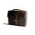 This is the front side of a dark brown leather satchel with a front pocket angled.