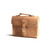 This is the front side of a tan brown leather satchel with a front pocket.