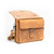 This is the front side of a tan brown leather satchel with a front pocket showing.