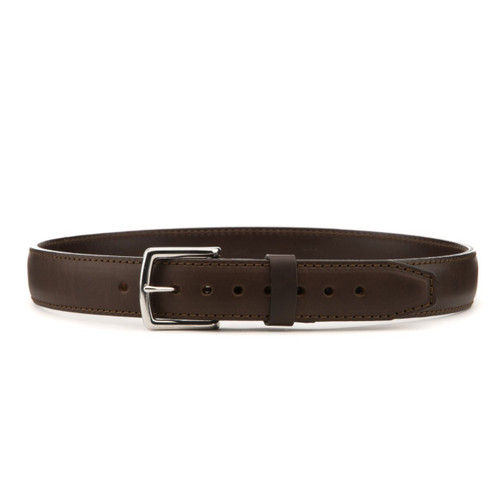 This is a size 34 dark brown  thick leather belt from the front.