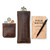 This is the front of a dark brown leather coin purse used for change that is compared in size to other things.
