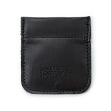 This is the front of a black leather coin purse used for change.
