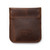 This is the front of a dark brown leather coin purse used for change.