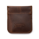 This is the front of a dark brown leather coin purse used for change.