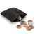 This is a black leather coin purse that has change spilling out in front of the pouch.