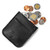 This is a black leather coin purse that has change spilling out of the pouch.