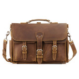 This is the front view of a big brown leather briefcase