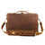 This is the back view of a brown leather briefcase with a shoulder strap.
