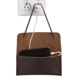 This is a dark brown leather wallet bag wide open and hanging with an iPhone charging.