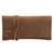 This is a tan brown leather wallet bag with a wrap around it to close it from the front.