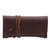 This is a red brown leather wallet bag with a wrap around it to close it from the front.