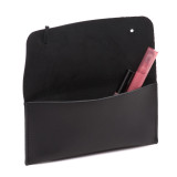 This is a black leather wallet bag wide open with a pen.
